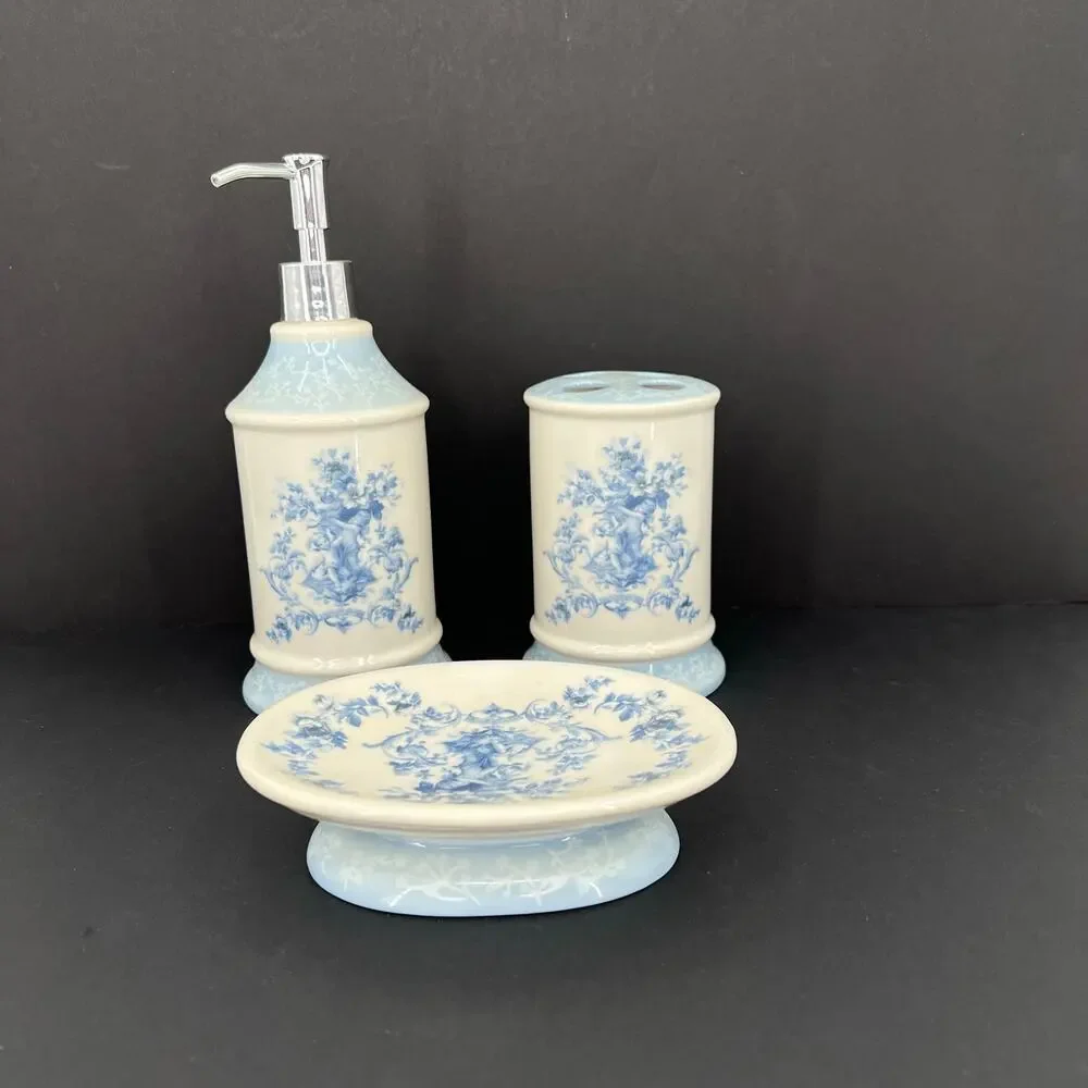Blue and white floral botanical toothbrush holder dish soap and pump set